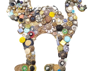 Joyería artesanal con botones, placa de pared con diseño de gato, arte popular hecho a mano, decoración de gatito con diamantes de imitación.