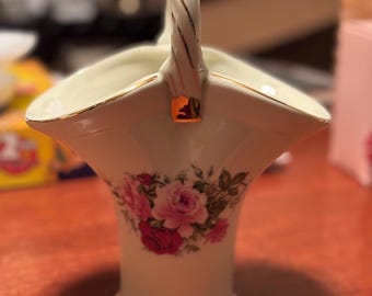 Formalities by Baum Bros. Floral Porcelain Basket Vase w Gold Accents