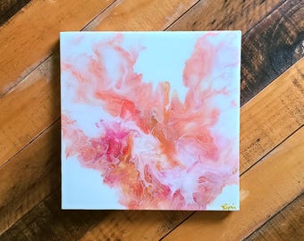 Blush Aurora Abstract Acrylic Painting | Coral Amber Resin Canvas Art