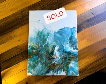 Blooming Echo | Original Blue and White Dutch Pour Floral Painting on Canvas | Modern Botanical Wall Art | Minimal Organic Decor