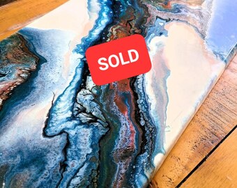 Original Abstract Fluid Art Painting | Moody Brown and Blue Canvas (10x20)