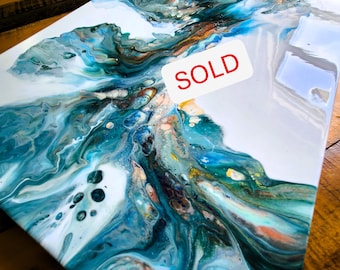 Bonded Currents | Original Blue Coastal Dutch Pour Acrylic Painting on Canvas | Ocean-Inspired Resin Wall Art | Modern Seaside Home Gift