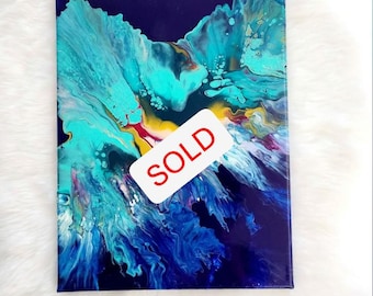 Abstract Fluid Art Painting: Green, Blue, Gold Acrylic Pour on Canvas