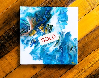 Sapphire Cascade | Coastal Dutch Pour Acrylic Painting | Blue and Gold Resin Ocean Wall Art | Modern Contemporary Seascape Canvas