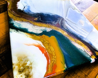 Original Abstract Acrylic Painting | Blue Ochre Resin Canvas Art