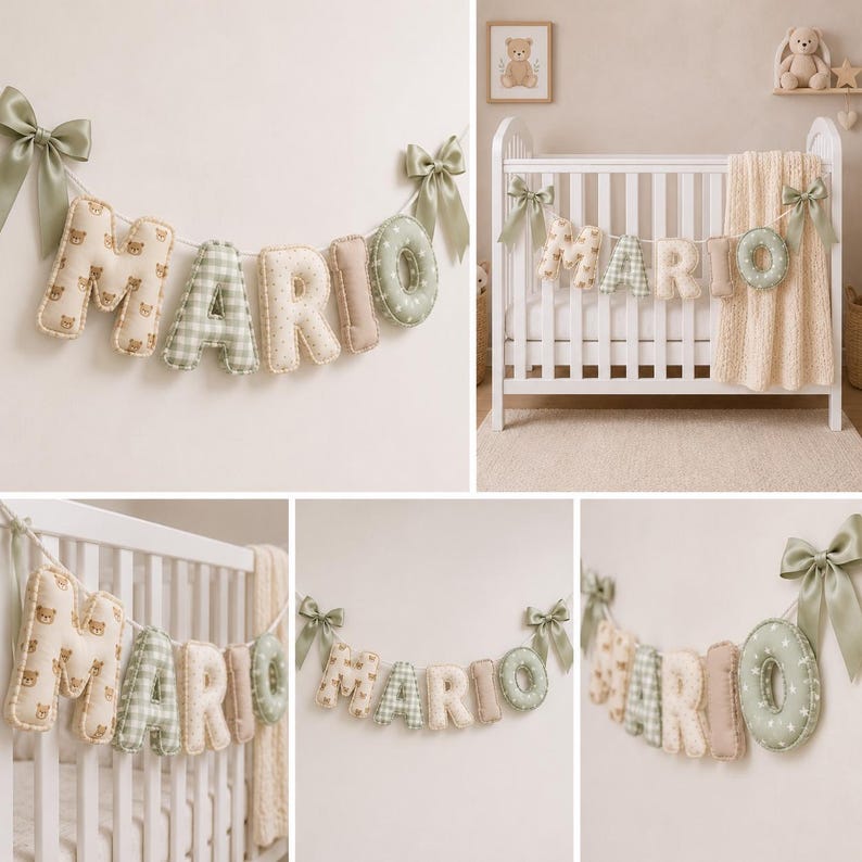 Op de afbeelding: Een decoratieve stoffen slinger die de naam MARIO spelt met zachte, gevulde letters. Elke letter heeft verschillende patronen, waaronder teddyberen, groen gingham, effen beige en witte sterren op saliegroen, afgewerkt met saliegroene satijnen strikken.