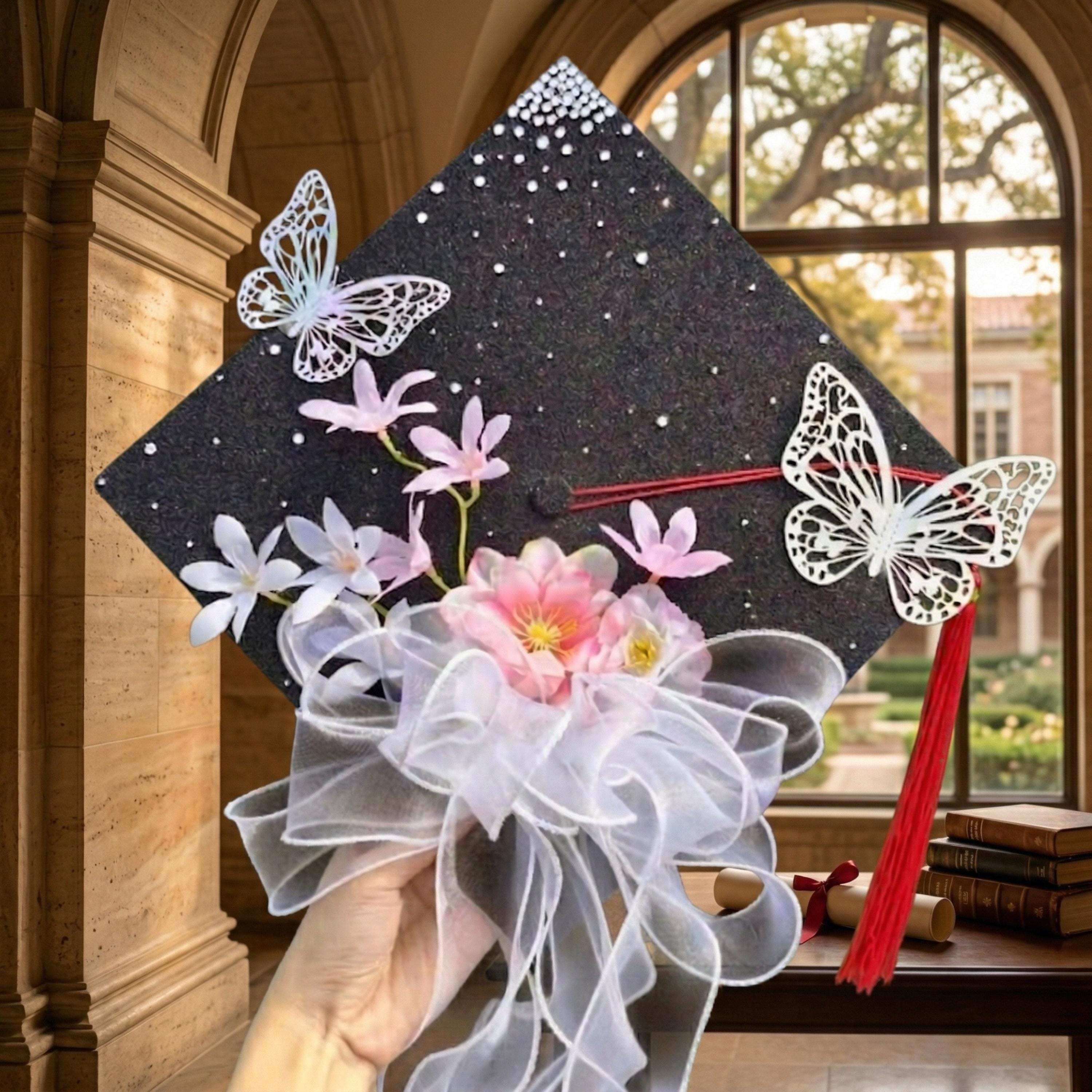 Graduation Cap Pear Custom Butterfly Graduation Cap Topper Pink Floral Decor With Pearl Bow ...