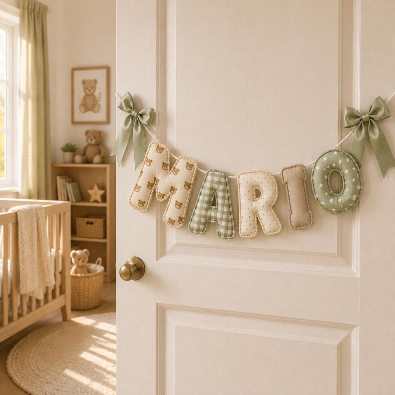 Op de afbeelding: Een stoffen letterbanner met de naam MARIO, bestaande uit gevulde letters in beige met bruine berenprints, groen-witte ruitjes en saliegroen met witte sterren, afgewerkt met twee saliegroene satijnen strikken aan beide uiteinden.