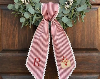 Rosa Gingham Valentinstag Herz-Kranz-Schärpe, kundenspezifische Applikation Monogramm, Haustür Valentinstag Dekor.