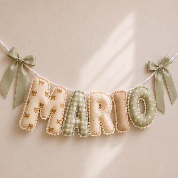 Personalized Baby Name Banner, Nursery Name Garland, Teddy Bear Baby Shower Decor, Fabric Letter Bunting, Neutral Nursery Wall Decor
