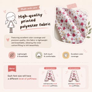 Op de afbeelding: Een witte polyester stof met een kleine roze en gele bloemenprint en een geschulpte rand. De afbeelding bevat tekst over hoogwaardige bedrukte polyester stof, lichtgewicht en ademende eigenschappen, en een opmerking over 15 cm en 20 cm letters.