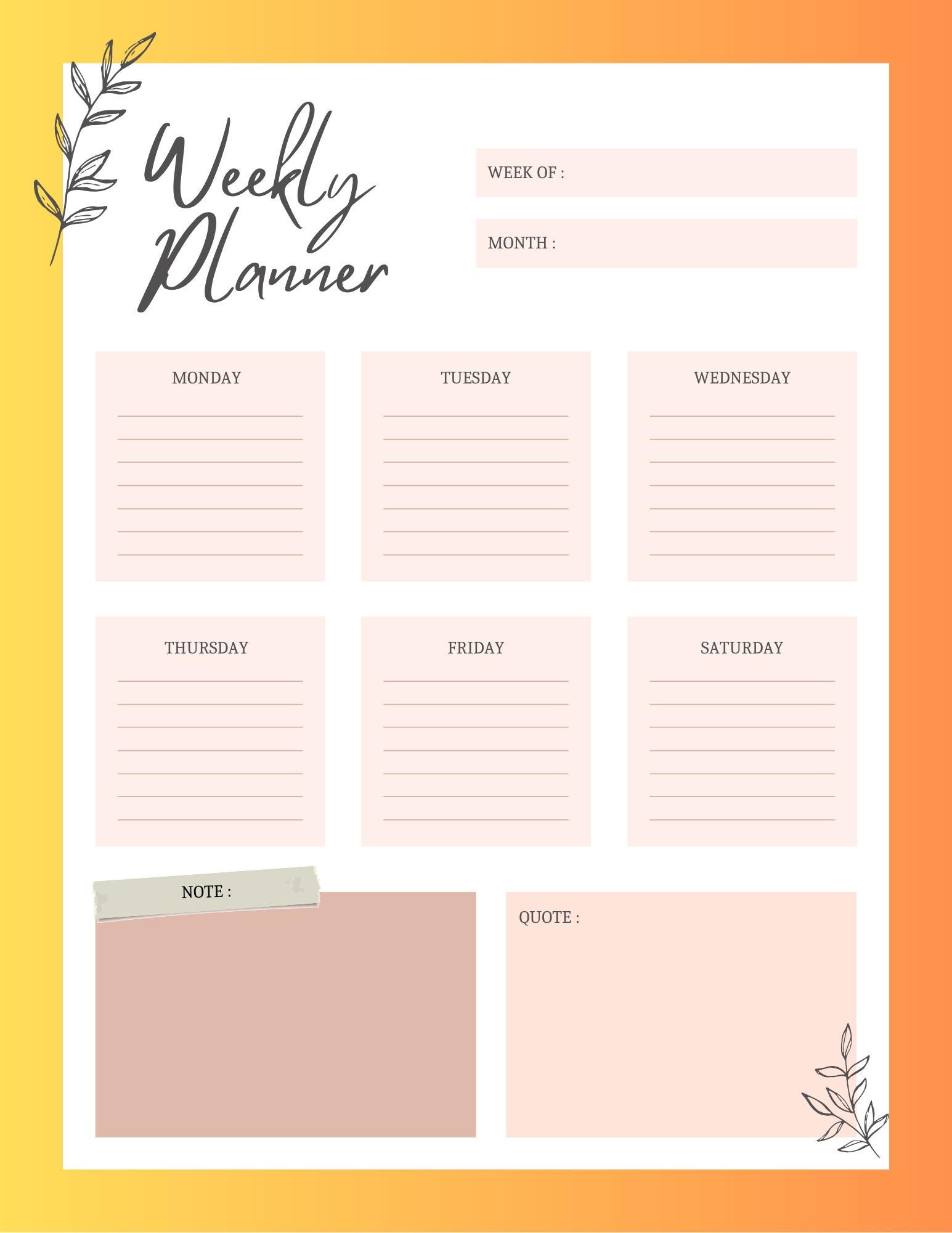 Weekly Planner Printable | Undated Digital Planner | Minimalist ...