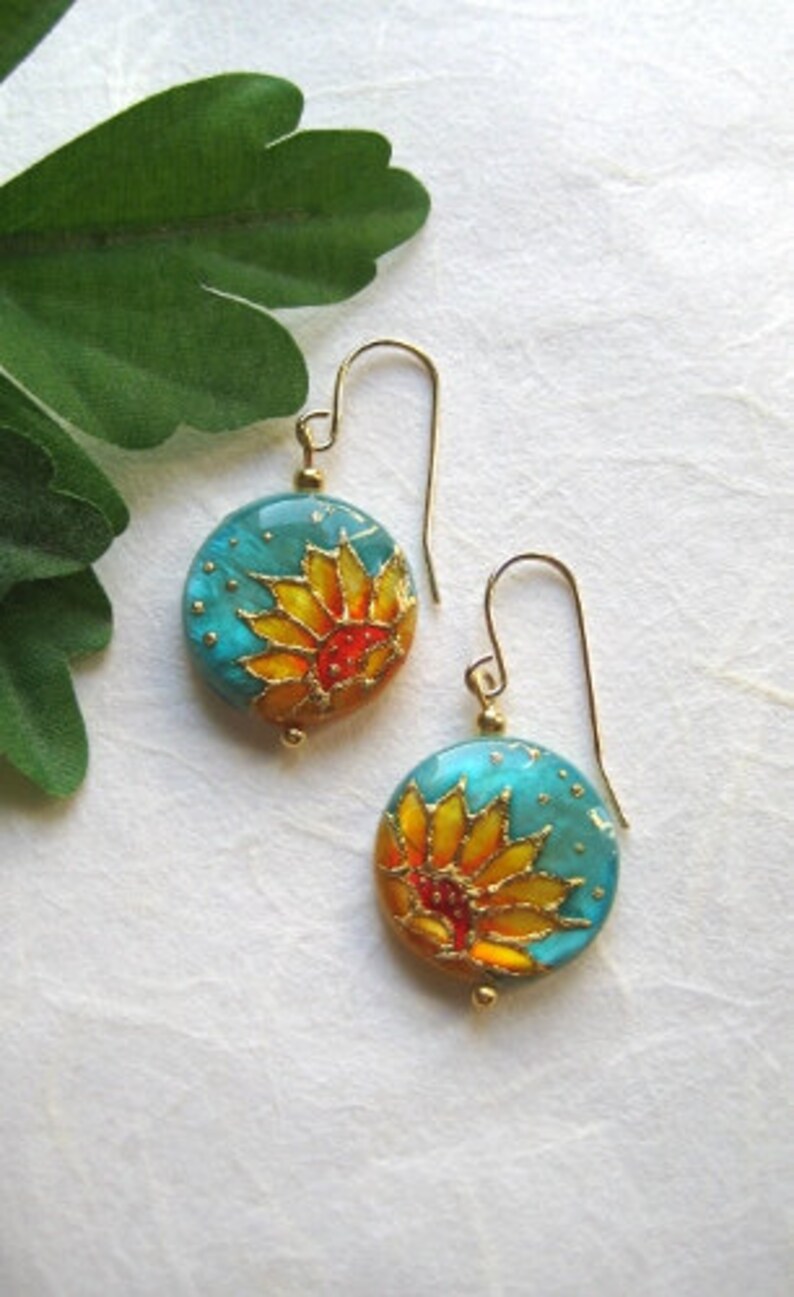 Sunflower Earrings Painted by Hand Unique Chrsitmas Gift for Etsy