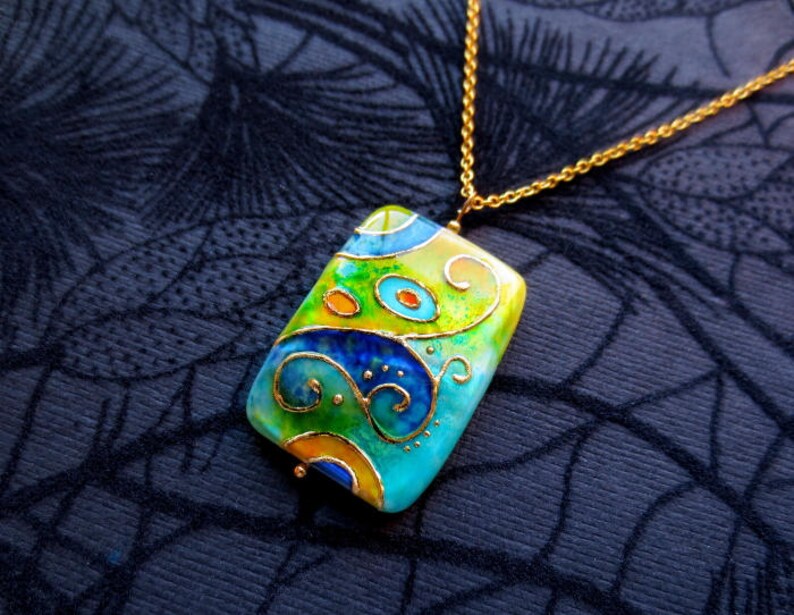 Statement Necklace Painted by Hand Klimt Necklace Unique Christmas Gift for her Turquoise Necklace Art Nouveau Jewelry Klimt Unique Gifts