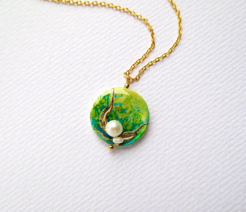 Green Necklace Handpainted Green Yellow Abstract Necklace Etsy