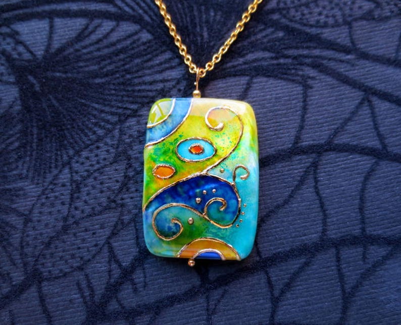 Statement Necklace Painted by Hand Klimt Necklace Unique Christmas Gift for her Turquoise Necklace Art Nouveau Jewelry Klimt Unique Gifts