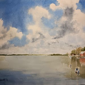 Acquerello originale barche al lago, paesaggio lagunare, cielo nuvoloso, dipinto arte murale