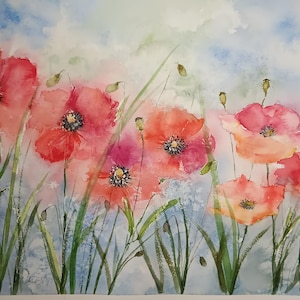 Acquerello originale papaveri, dipinto arte murale Prato fiorito, fiori di campo