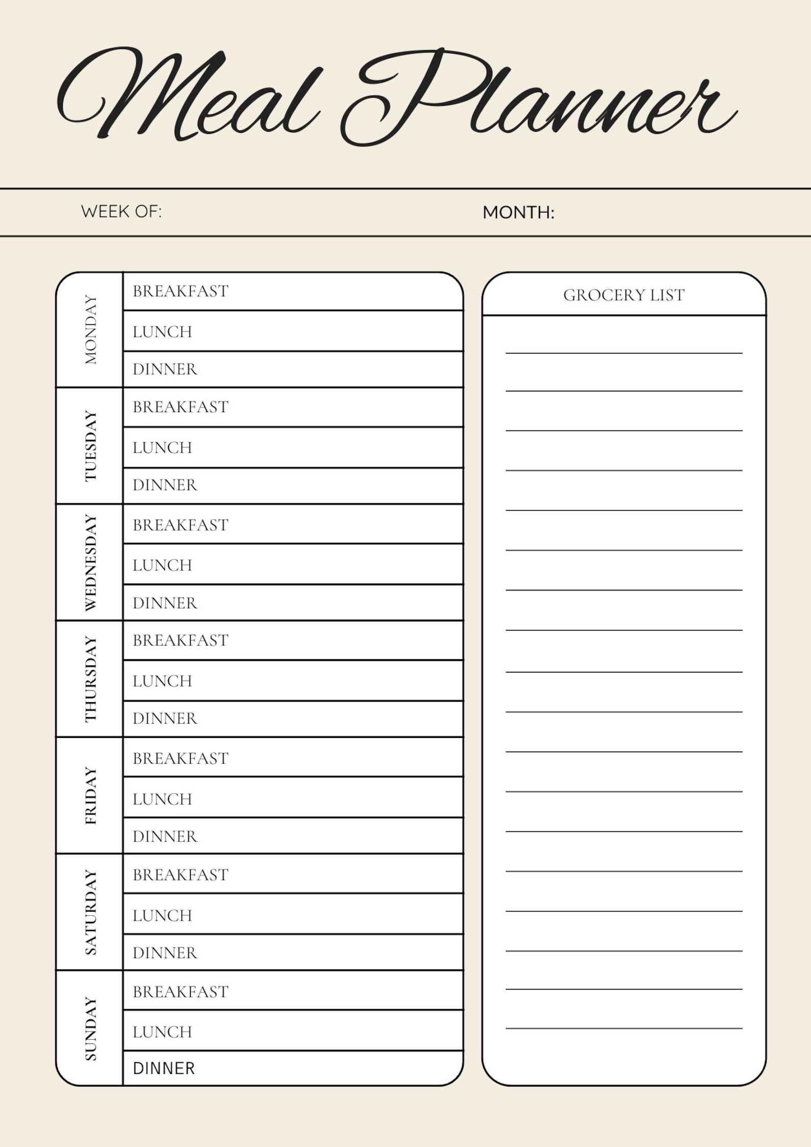 Weekly Meal Planner & Grocery List: A4 Printable (PDF) - Etsy
