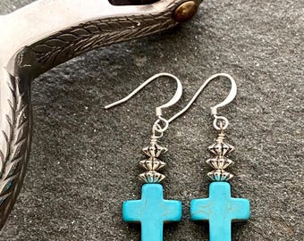 Turquoise Cross Dangle Earrings: Handmade Western Boho Jewelry