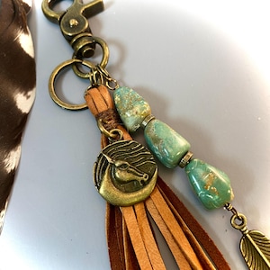 Horse Leather Tassel Purse Charm: Turquoise Nuggets, Brass Keychain