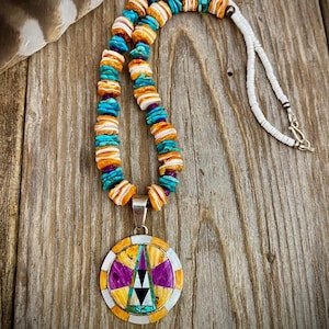 Turquoise & Spiny Oyster Shell Necklace: Southwestern Sterling Silver Pendant
