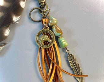 Horse Leather Tassel Purse Charm: Turquoise Nuggets, Brass Keychain