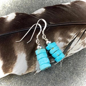 May include: Turquoise beaded earrings with silver hooks. Each earring features a stack of four turquoise-colored, cylindrical beads. The earrings are displayed on a large, dark feather with brown and white markings.