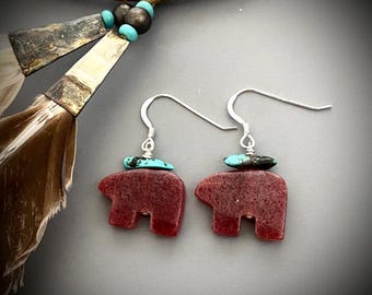 Turquoise Zuni Bear Dangle Earrings: Sterling Silver Southwestern Boho
