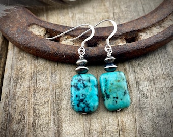 Navajo pearls African turquoise earrings, handmade sterling silver dangle earrings, southwestern style