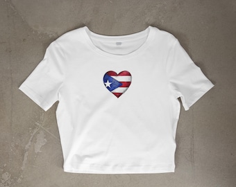 Puerto Rico Flag Heart Baby Tee | Boricua Pride Latina Crop Shirt