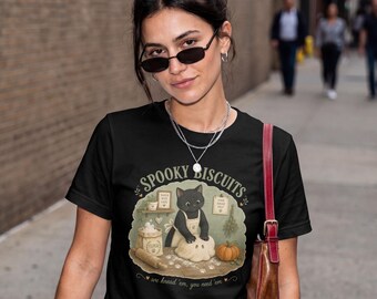 Spooky Biscuits Cat Halloween Shirt, Cute Black Cat Graphic Tee, Funny Halloween Baker T-Shirt, Cottagecore Fall Shirt, Cat Lover Gift