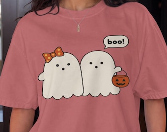 Comfort Colors, Bow Ghost Shirt, Cute Halloween Best Friends Tee, Trick or Treat T-Shirt, Kawaii Ghost