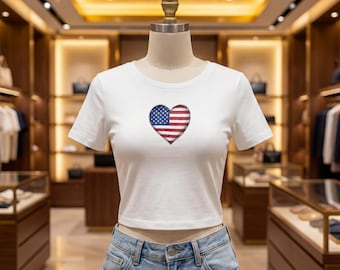 American Flag Heart Baby Tee | Patriotic Crop Top, USA Pride Shirt