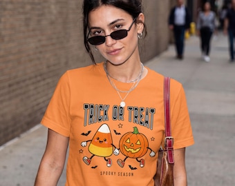 Trick or Treat Halloween Shirt, Cute Candy Corn Pumpkin Graphic Tee, Spooky Season T-Shirt, Funny Fall Halloween Tee, Cute October Gift