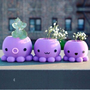 Puede incluir: Tres macetas moradas con forma de pulpo con caras de dibujos animados y tentáculos. Cada maceta contiene una planta diferente: una con hojas verdes y dos con flores blancas. Las macetas están sobre una superficie gris.