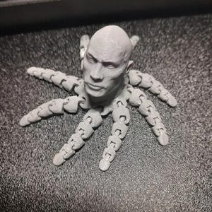 Könnte beinhalten: Eine graue 3D-gedruckte Skulptur eines menschlichen Kopfes mit beweglichen Tentakeln. Der Kopf hat detaillierte Gesichtszüge und ist mit acht segmentierten Tentakeln verbunden. Die Skulptur befindet sich auf einer dunklen Oberfläche.