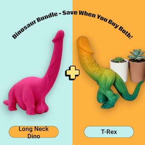 May include: A pink long-neck dinosaur and a green, yellow, and orange T-Rex dinosaur are displayed against a blue and orange background. The text "Dinosaur Bundle - Save When You Buy Both!" is above the dinosaurs. The text "Long Neck Dino" and "T-Rex" are below the dinosaurs.
