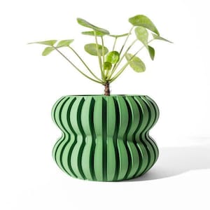以下が含まれることがあります： ユニークな砂時計型の緑色のリブ付き装飾植木鉢。丸い緑色の葉と細い茎を持つ小さな植物が入っています。鉢は無地の緑色の素材でできており、白い背景に置かれています。