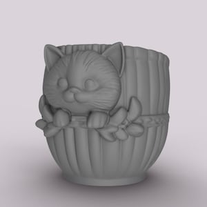 Cat Planter Pencil Holder for Cute Desk Organizer - Unique 3D Printed Barrel Design Adorable Kitty Lover Gifts Home Office Decor Kids Room