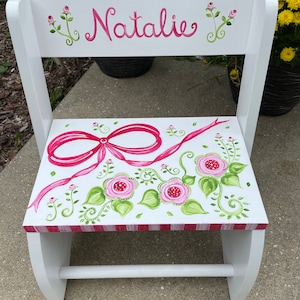 Large Sturdy Wood Hand Painted Bow Roses Design Flip stool