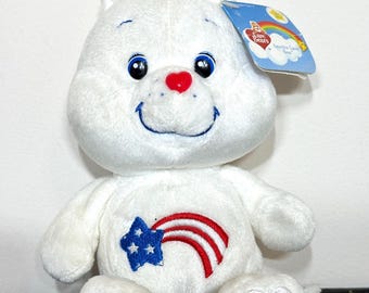 Vintage Care Bears America Cares Bear 2002 8 inches | 20th Anniversary Carlton Cards | Blue Star and Red Rainbow Belly Badge | NWT | RARE