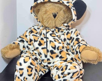 Vintage 1990s Vermont Teddy Bear in Leopard Print Hooded Onesie Outfit – Jointed Plush