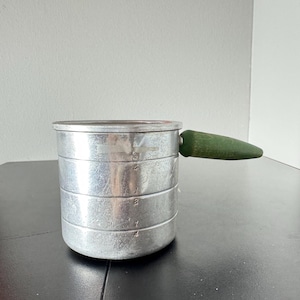 Vintage Aluminum Measuring Cup with Green Wooden Handle | Rustic Farmhouse Kitchen Decor