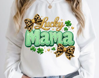 Lucky Mama PNG – St Patrick Mama Shirt Design, Leopard Bow Preppy Graphic, Green Gold Coquette Sublimation Digital Download