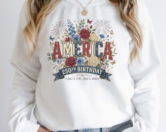 America 250th Birthday Retro Floral PNG - Vintage 4th of July 2026 Sublimation Shirt Design