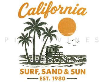 California Retro Vintage Png, Destination Summer Surf Beach Sunset Png, Western Boho Hippie T-Shirt Design, California Png, California File