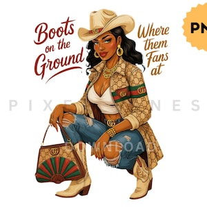 以下が含まれることがあります： カウボーイハットとブーツを履いた女性のイラストで、「Boots on the Ground」と「Where Them Fans at」の文字が入っています。彼女は模様入りのジャケット、破れたジーンズ、ハンドバッグを身に着けています。画像にはPNGグラフィックがあります。