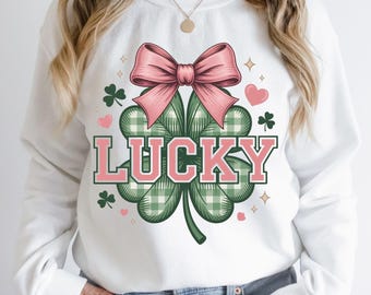 Preppy Lucky St Patrick's Day PNG, Retro Coquette St Patrick's Day Lucky Shirt Png, Lucky Clover, Shamrock Png, St Patricks day shirt Png