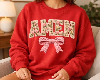 Coquette Amen Faux Yarn Crochet Png, Floral Christian Knitted Shirt, Retro Floral Religious Sublimation, Boho Cottage core Digital download